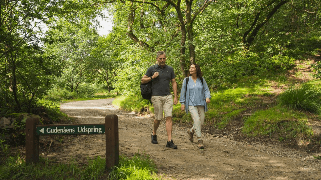 A couple is hiking on the Gudenå Trail at the source of the Gudenå River